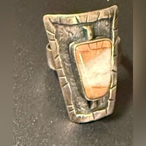 Artisan Silver Tone Ring with Beige Stone